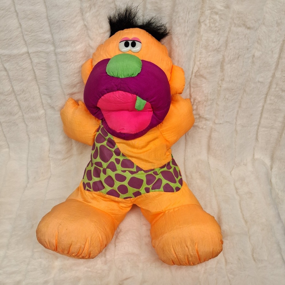 VTG 1992 Fisher-Price Orange Caveman Puffalump Plush Grunts Stuffed Toy Works